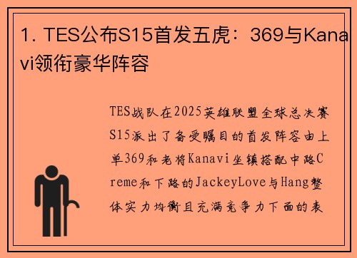 1. TES公布S15首发五虎：369与Kanavi领衔豪华阵容